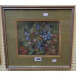 Frances Rhodes: a framed gouache still life, entitled 'Speedwell and Herb Robert' verso - signed