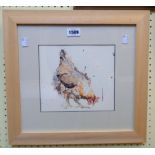 Kim Woodward: two framed watercolour and ink studies of chickens - signed