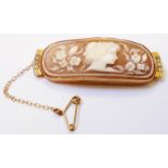 A hallmarked 375 gold framed oblong cameo panel brooch with six flanking tiny diamonds and safety