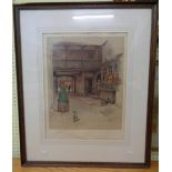 Cecil Aldin: an oak framed coloured print, depicting a woman, dog and other figures in backstreet
