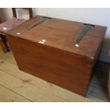 A 30 1/4" old stained pine lift-top box with iron strap hinges