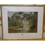 A gilt framed oil pastel, depicting a river landscape view