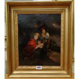 A gilt framed 19th Century English school oil on canvas, depicting figures sheltering from a storm -