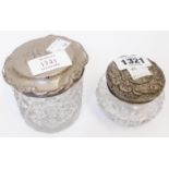 Two silver topped cut glass dressing table jars, both with push-fit lids - one a/f