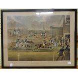 After J. Pollard: a set of four ebonised framed hand coloured engravings, all racehorse scenes