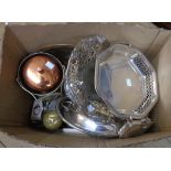 A box containing a quantity of silver plate including entree dish, cake baskets, wine basket, etc.