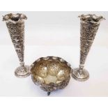 A pair of 6" Anglo Indian white metal trumpet vases with embossed animal, fish and tree decoration -