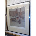 Cecil Aldin: an ebonised framed coloured print, depicting a tavern courtyard scene at dusk -