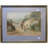 Louis Mortimer: a framed watercolour, depicting figures on a village lane with thatched cottages -
