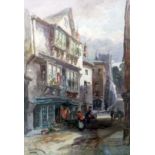 Alfred Leyman: a gilt framed watercolour, depicting a street scene in Dartmouth with figures and