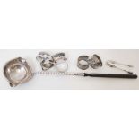 Two silver napkin rings, four niello work white metal similar, silver sugar nips and a Frank Cobb