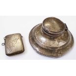 An early 20th Century English silver vesta case - sold with a small silver capstan inkwell - a/f