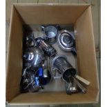 A box containing a quantity of silver plated items including three piece tea set of semi reeded oval