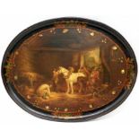 After Geroge Morland 'In a Stable': a 19th Century papier-mâché tray with well painted depiction