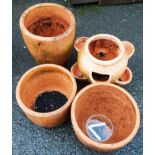 Three terracotta garden pots - sold with a terracotta strawberry pot
