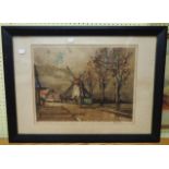Ferdinand-Jean Luigini: an ebonised framed aquatint, depicting figures in a horse and cart with