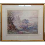 Henry Sykes: a gilt framed watercolour, depicting farm workers building a hay rick in a