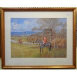 Eric Meade King: a gilt framed watercolour, depicting huntsman and foxhounds in an extensive