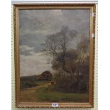 Percy Belgrave: a gilt framed oil on canvas depicting a rural view with trees and grazing horses -