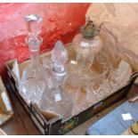 A box of glassware including decanter, bowl, oil lamp, etc.