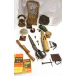 A box containing a quantity of collectable items including miniature figure on wood stand, a