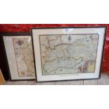 A pair of brass framed British Museum reproduction Saxton map prints of Devonshire and Somerset -