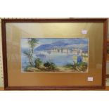M. Gianni: a framed and wide gilt slipped gouache, depicting an Italian lake scene with cruise liner