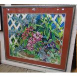 Natalie Giltsoff: a large framed watercolour, still life with flowers and trellis