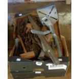 A quantity of vintage carpenter's tools including spirit levels, bradawls, set squares,