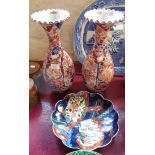 A pair of Imari vases and Imari dish - vases cracked, dish repaired