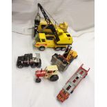 A small collection of toy vehicles comprising Corgi Hyster Challenger 800, Matchbox Car Transporter,