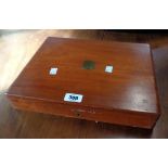 A 13 1/2" polished mahogany cutlery box carcass with blank brass cartouche to top