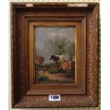 Manner of T. S. Cooper: an ornate gilt framed oil on canvas, depicting cows - 7 1/2" X 5 1/2"