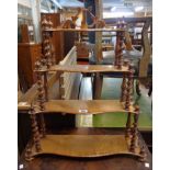 A 24" Victorian bird's-eye satin wood four tier what-not with lyre pierced raised back, turned