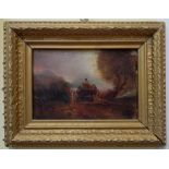 G. Horlor: a gilt framed oil on board, depicting figures on a horse and cart at dusk - signed