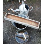 A copper preserve pan - sold with a galvanised bucket, watering can and small trough