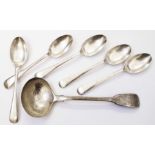 A Victorian silver fiddle pattern sauce ladle - sold with five matching silver teaspoons