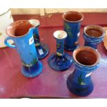 Six pieces of Torquay kingfisher pattern pottery including a pair of vases