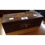 A 10 1/4" antique French inlaid rosewood lift-top and fall-front glove box