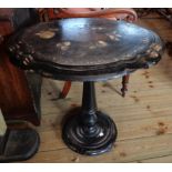 A 25 1/2" mid 19th Century papier-mâché pedestal table with remains of painted and shell inlaid