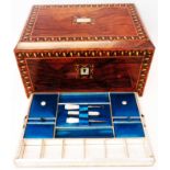 An 11" late Victorian inlaid figured walnut work box with decorative banding and tray fitted
