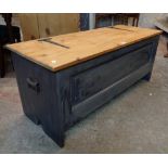 A 3' 9" modern part painted pine linen chest with panelled front and flanking iron carrying handles