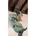 Five 1990's Jun Asilo hanging clown figures including trapeze, swinging violinist (a/f), balloonist,