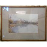 Henry Dawson Barkas: a gilt framed and wide slipped watercolour lake scene with figures and castle