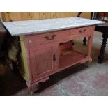 A French ornate later painted wood washstand with associated 4' marble top, two frieze drawers, open