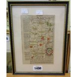 A Hogarth framed antique hand coloured route map, plate 30 terminating in Banbury