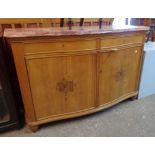 A 5' 20th Century French inlaid walnut serpentine front sideboard with red marble top, two frieze