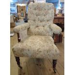 A Victorian mahogany part show frame drawing room armchair with button back floral upholstery, set