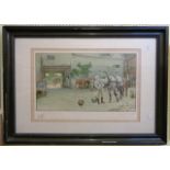 Cecil Aldin: a framed coloured print, depicting a livery yard with figures and horse - signed in