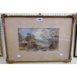 S. Pilkes: an ornate gilt framed watercolour, depicting a windswept landscape with stream